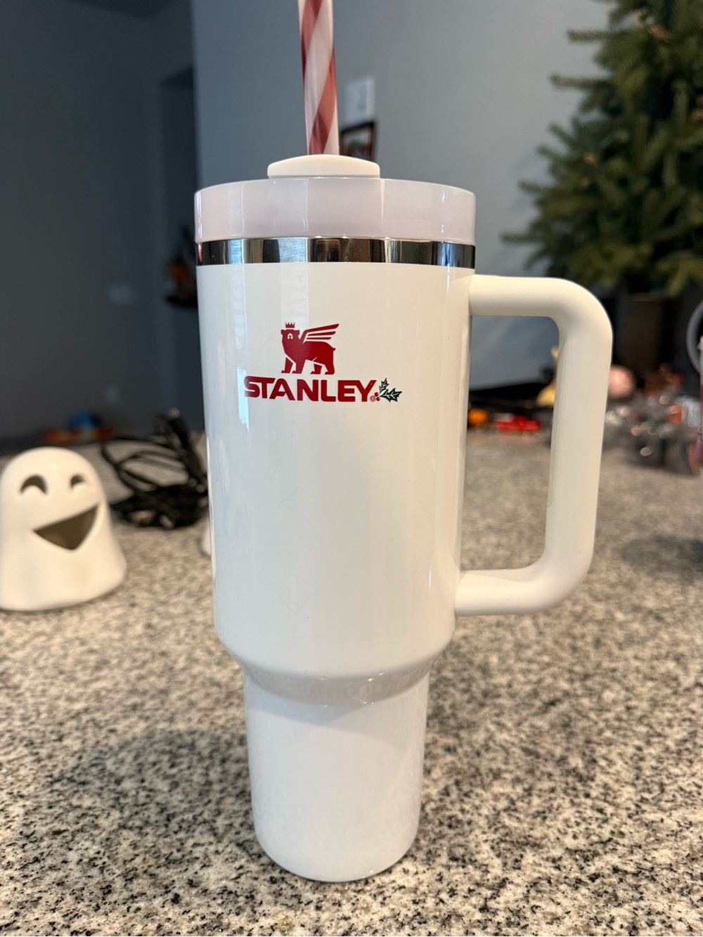 Stanley White Travel Mug with Handle and Red Logo